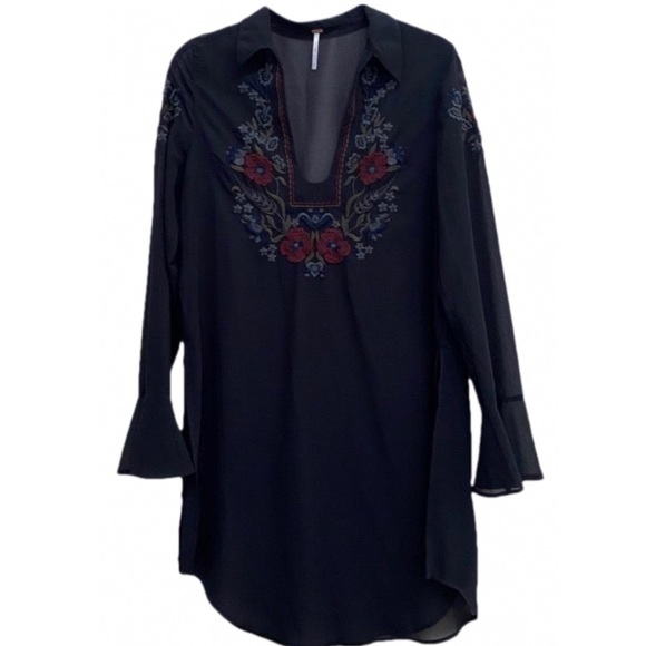 Free People Tops - Free People Black Red Floral Embroidered Sheer V-neck Tunic Long Sleeve SP
